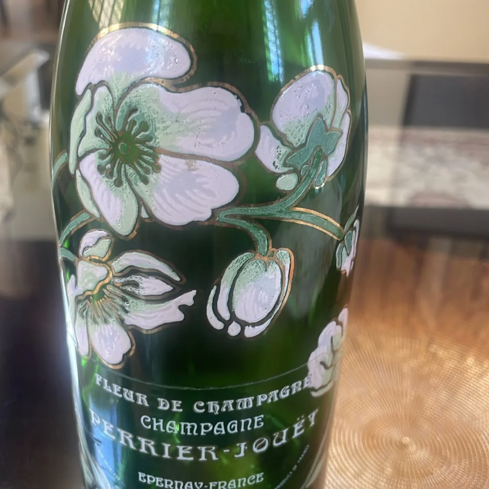 Perrier-Jouët Empty Champagne Bottle with Hand Painted Floral Glasses